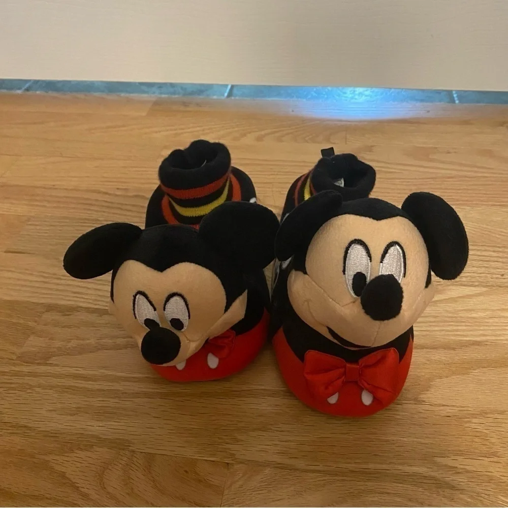Mickey Mouse Plush 3D Slippers Sz 11-12 Disney Kids Red Black